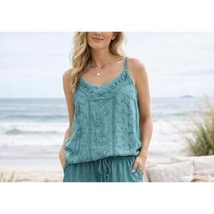 Rhea Embroidered Tank Top S/M Teal Boho Viscose Handmade Flowing NWT